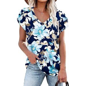 Womens Blue T Shirts Petal Sleeve V Neck Casual Tees Summer Basic Tops